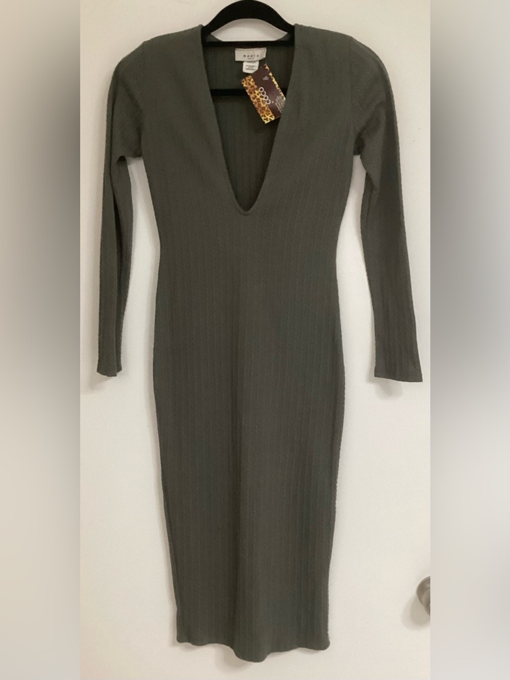 Ribbed Deep V Midi Dress in Olive